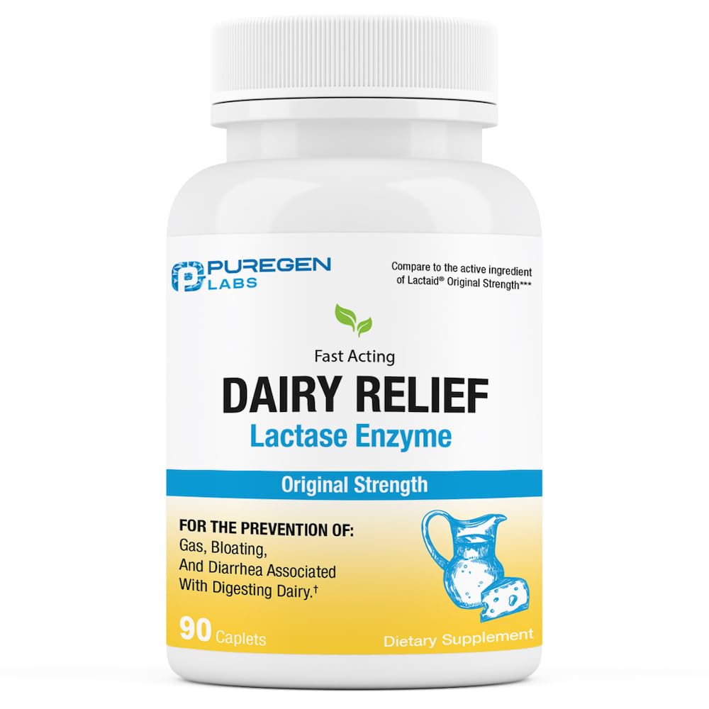 Puregen Labs Dairy Relief botella facilita la digestión de lácteos.