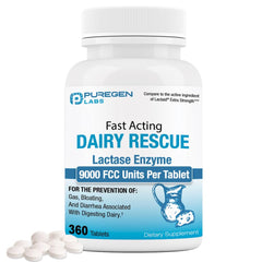 Puregen Labs Dairy Relief bottle with fast-acting lactase enzyme for lactose digestion.