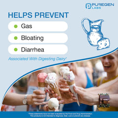 Puregen Labs Dairy Relief packaging highlighting value savings and quality.