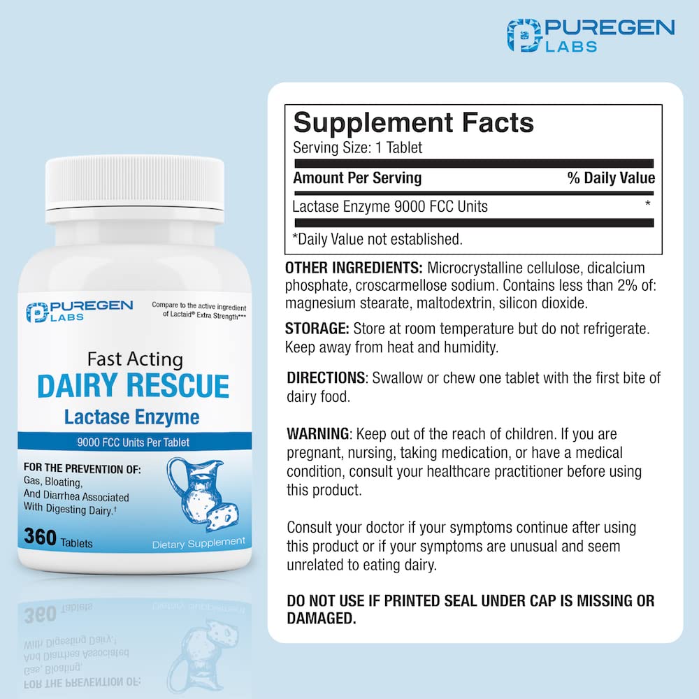 Puregen Labs Dairy Relief tablets close-up for lactose digestion support.