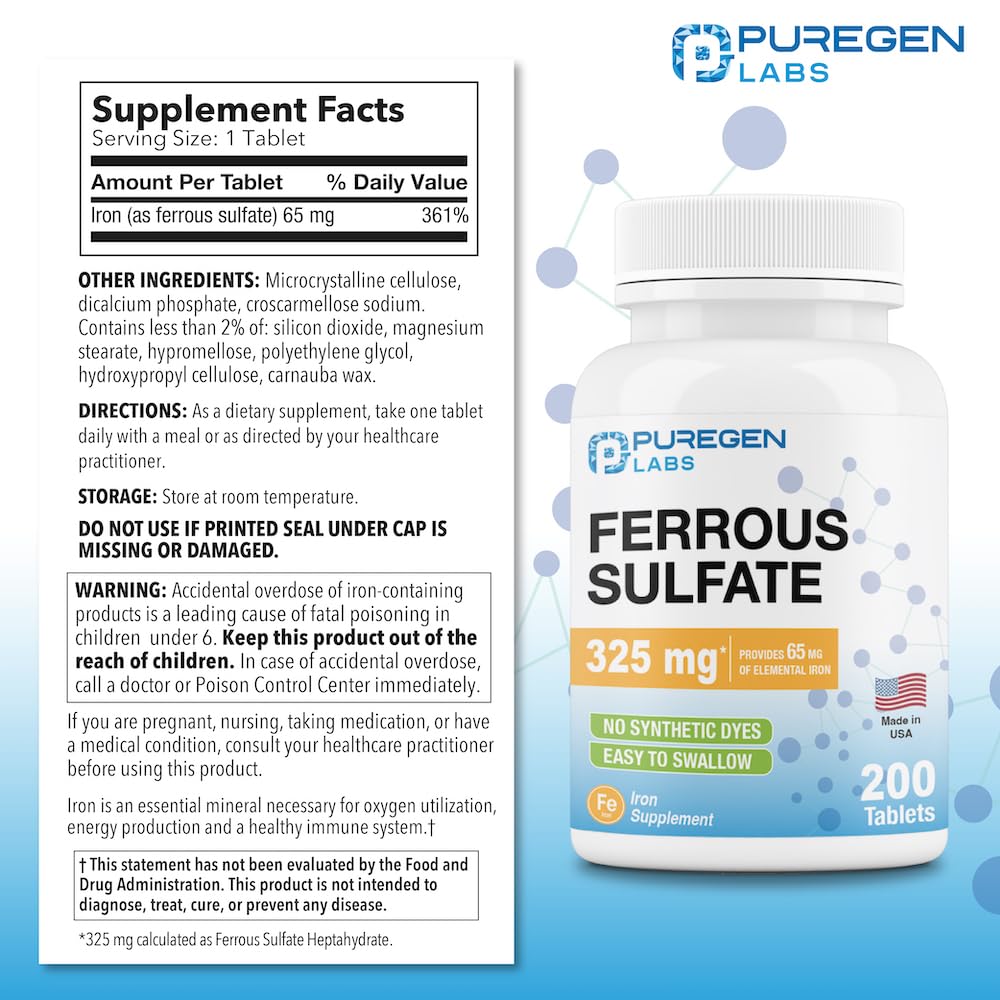 Puregen Labs Ferrous Sulfate label close-up highlighting 65 mg elemental iron per tablet.