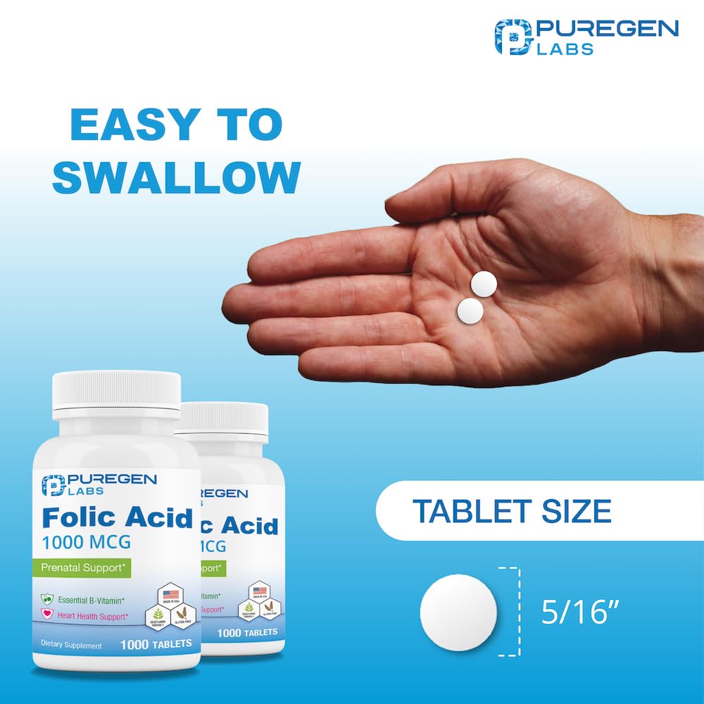Puregen Labs Folic Acid 1000 mcg tablets box communicates value pack savings.