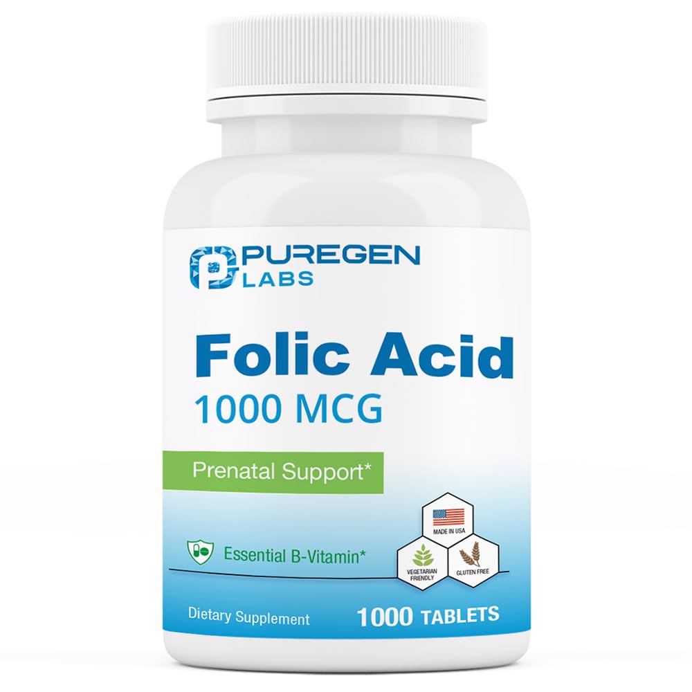 Puregen Labs Folic Acid 1000 mcg tablets bottle for daily prenatal nutrition support.