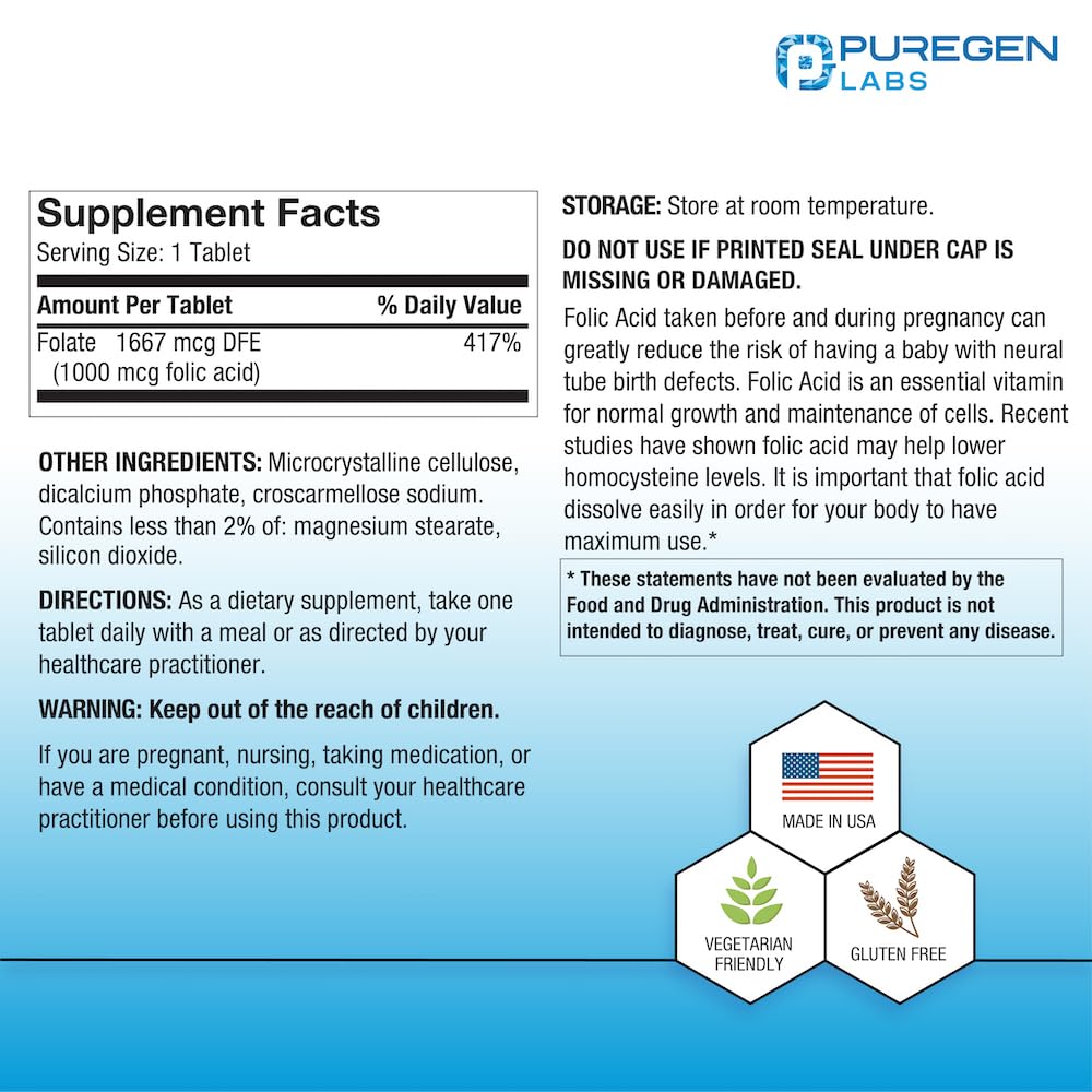Puregen Labs Folic Acid 1000 mcg tablets dosage label close-up for clear daily intake.