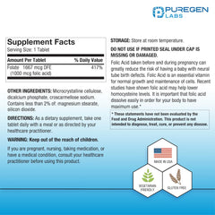 Puregen Labs Folic Acid 1000 mcg tablets dosage label close-up for clear daily intake.