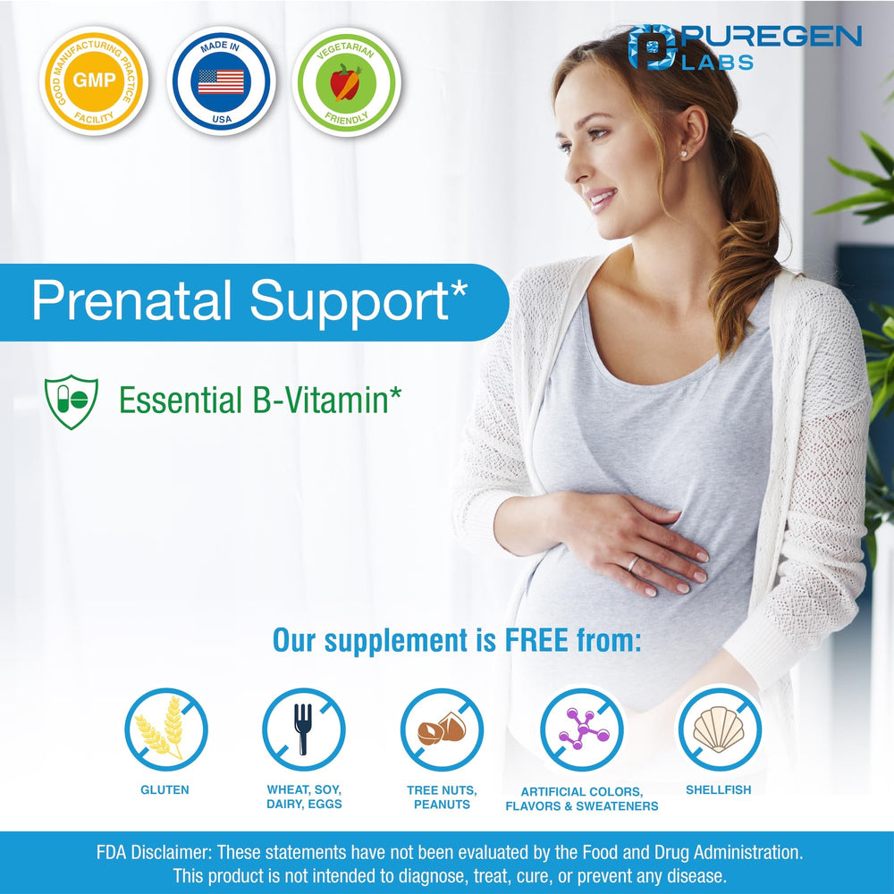Puregen Labs Folic Acid 1000 mcg tablets in kitchen context for daily wellness.