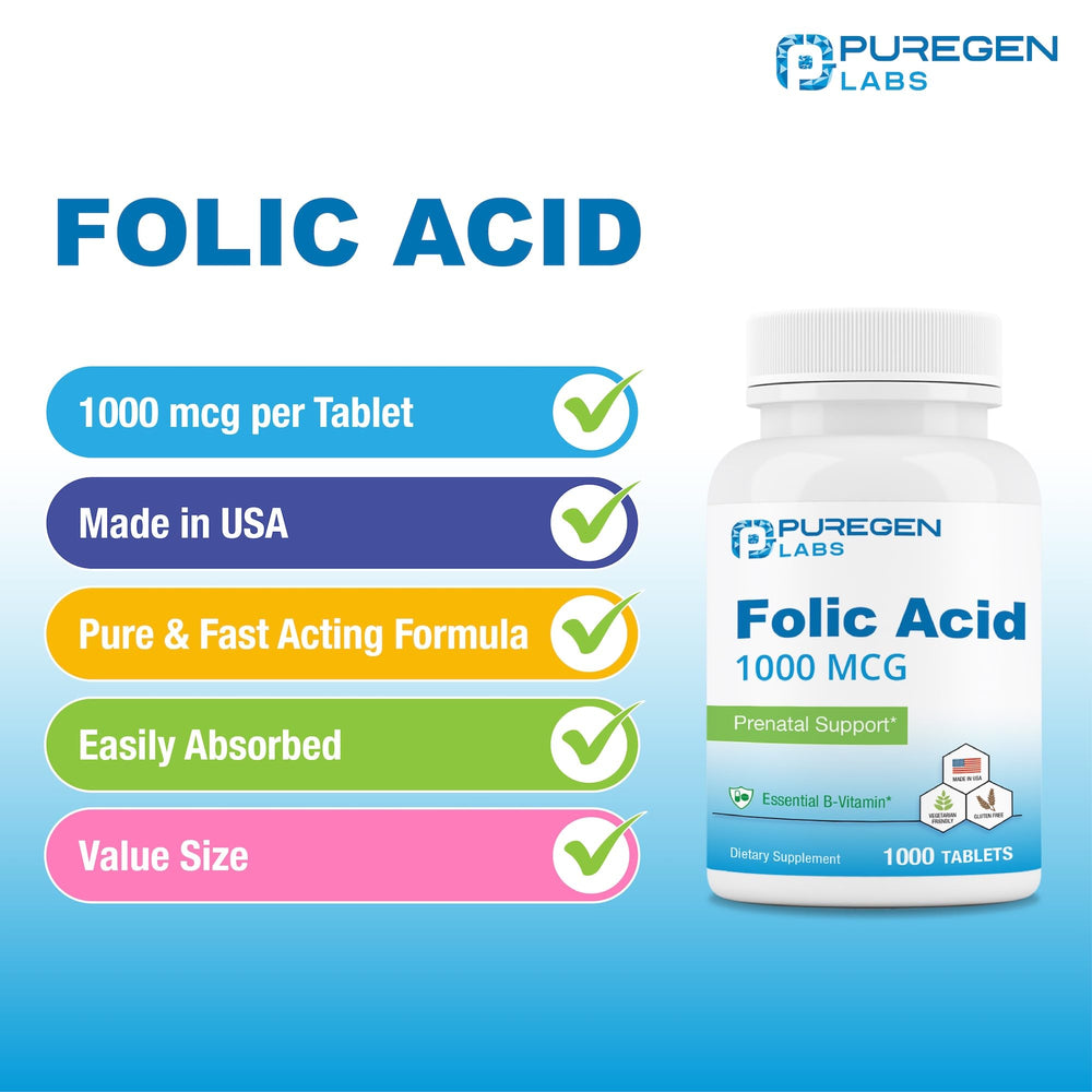 Puregen Labs Folic Acid 1000 mcg tablets packaging highlights gluten-free and non-GMO claims.