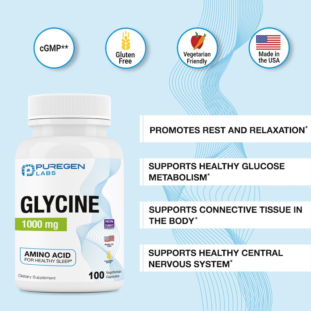 Puregen Labs Glycine 1000mg bottle label focusing on non-GMO and gluten-free ingredients