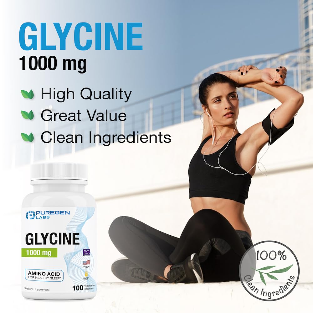 Glycine 1000mg container by Puregen Labs noting made in USA and GMP standards