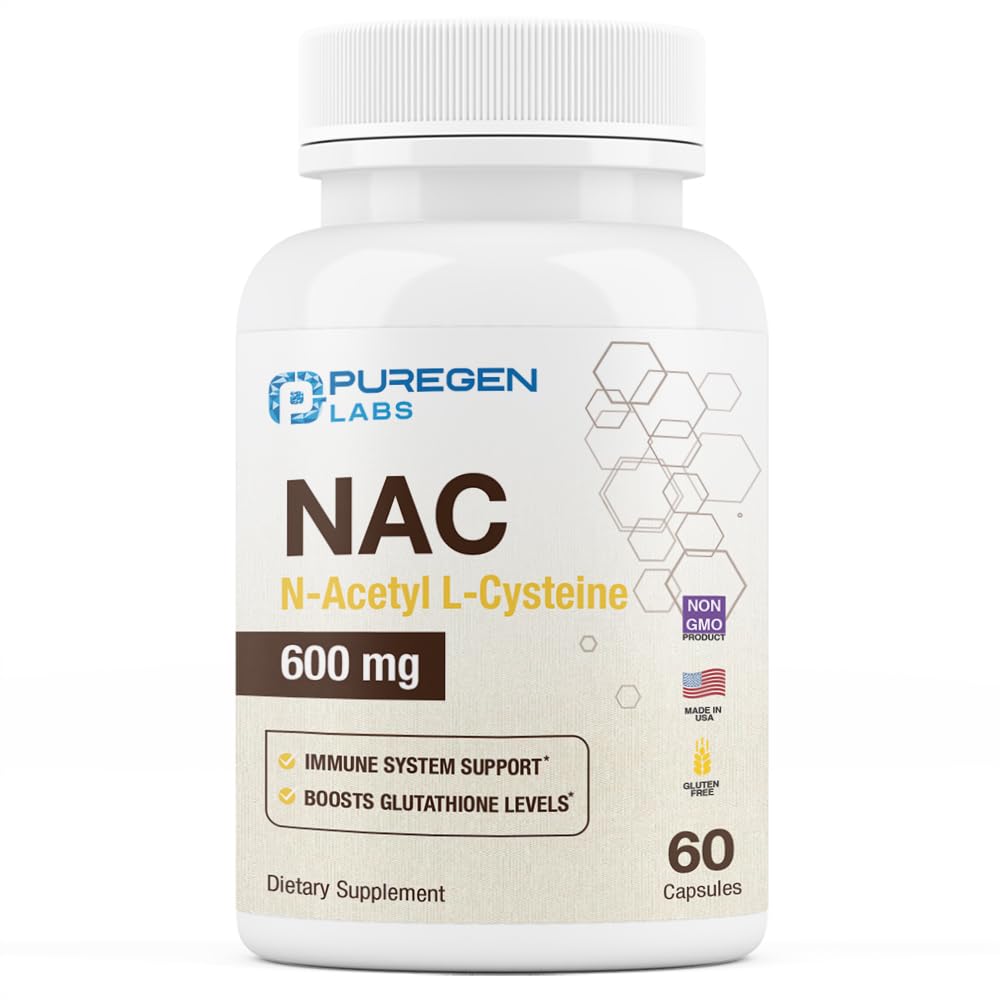 Puregen Labs NAC 600mg bottle front shows daily antioxidant support.