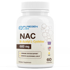 Puregen Labs NAC 600mg bottle front shows daily antioxidant support.