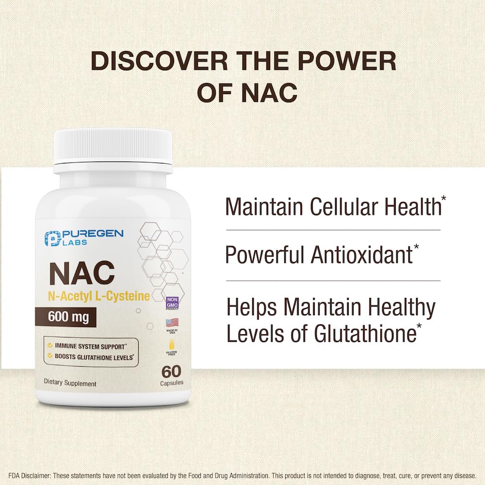 Puregen Labs NAC glutathione connection graphic illustrates antioxidant pathways.