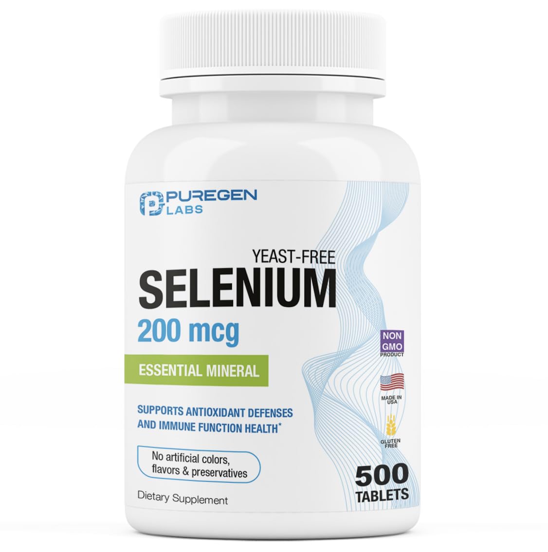 Puregen Labs Selenium 200 mcg bottle with label highlighting immune support