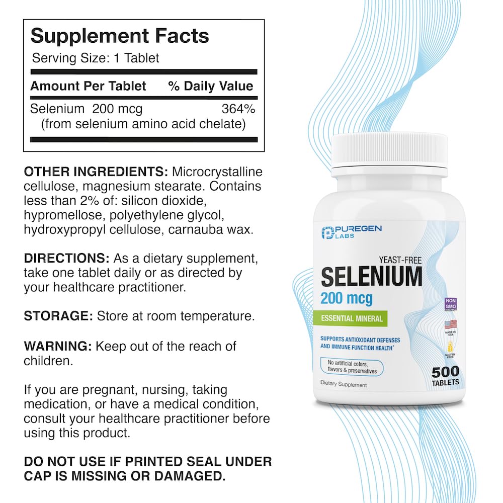 Close-up of Puregen Labs Selenium label emphasizing 200 mcg potency