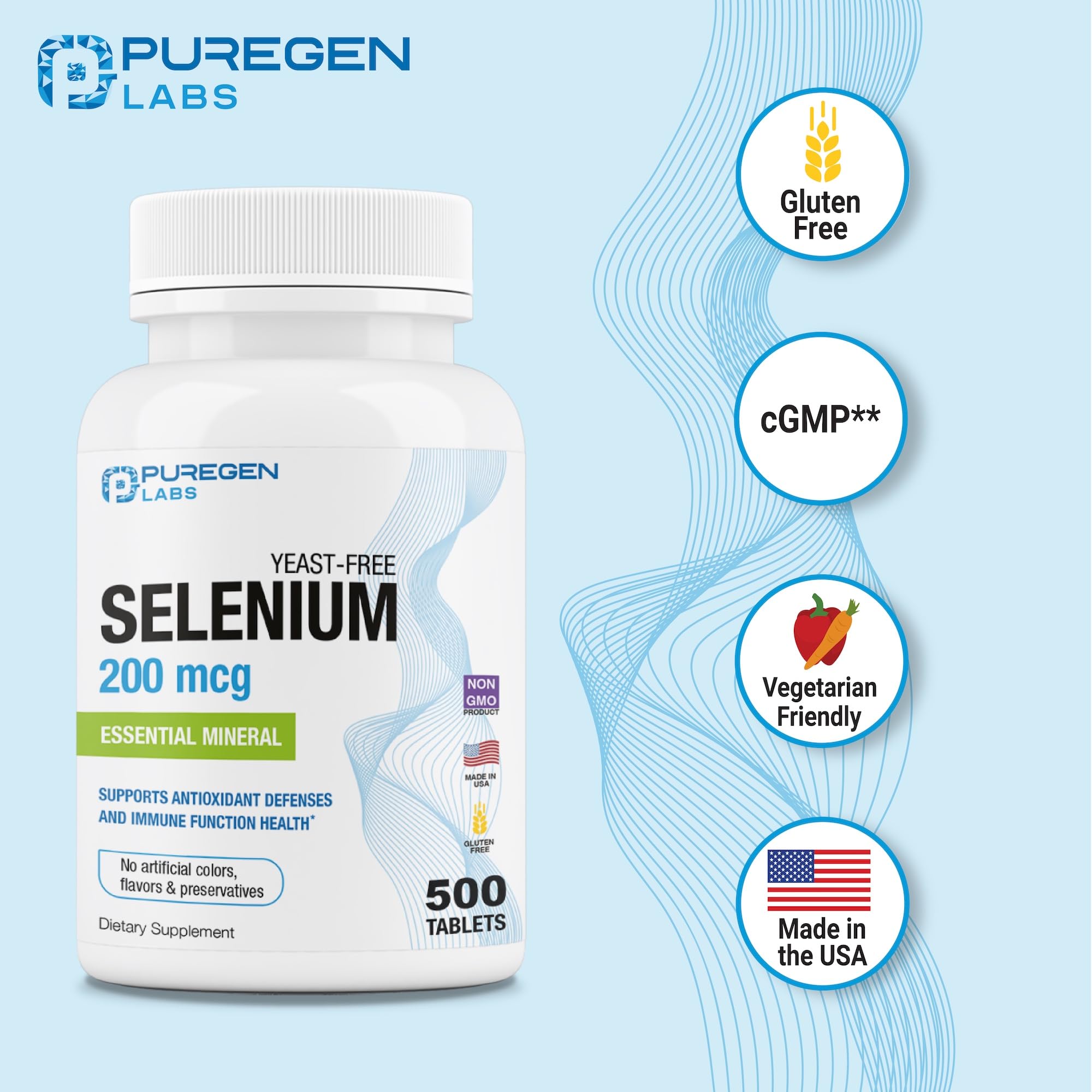 Puregen Labs Selenium tablets inside bottle showing vegetarian formula