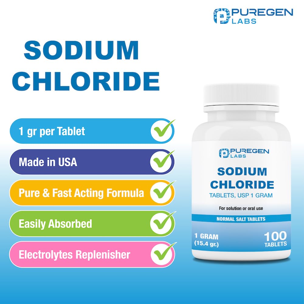 Puregen Labs Sodium Chloride tablets dissolving in water to form isotonic mix