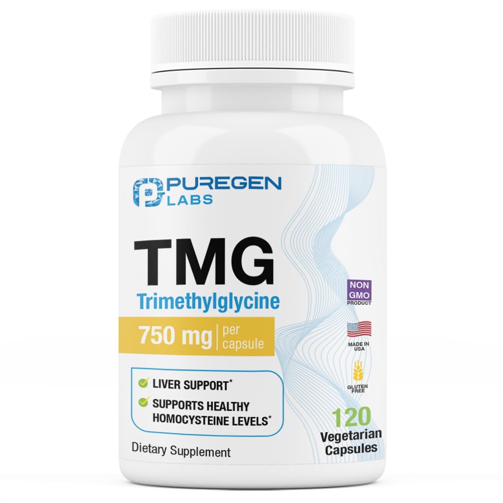 Puregen Labs TMG capsules close-up, easy-to-swallow daily supplement for metabolism support.