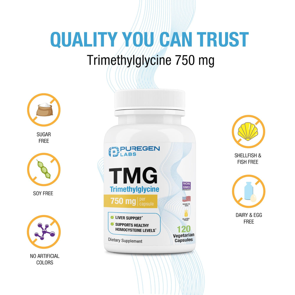Puregen Labs TMG label close-up, USA-made and cGMP quality highlighted.
