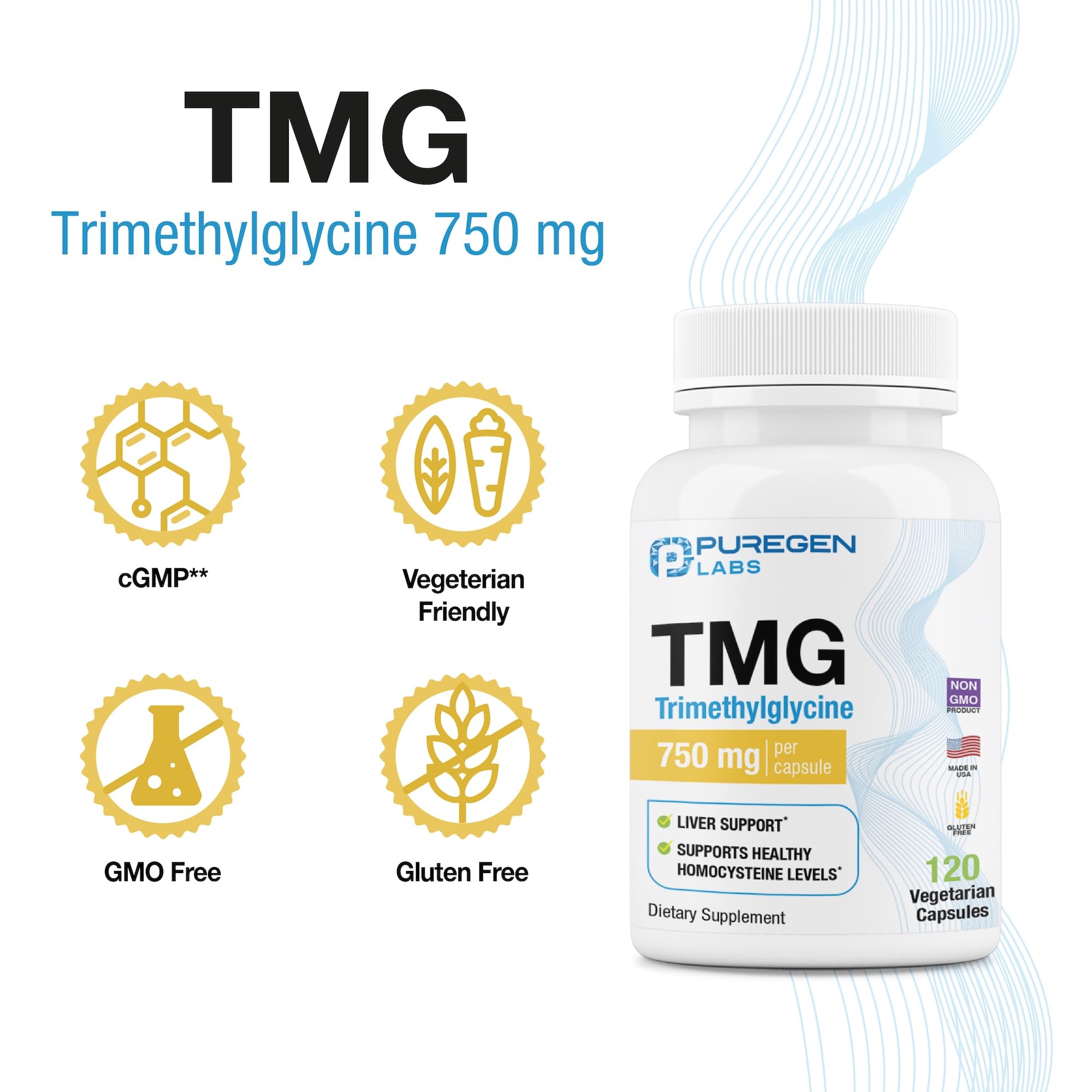 Puregen Labs TMG packaging showing non-GMO and gluten-free attributes.