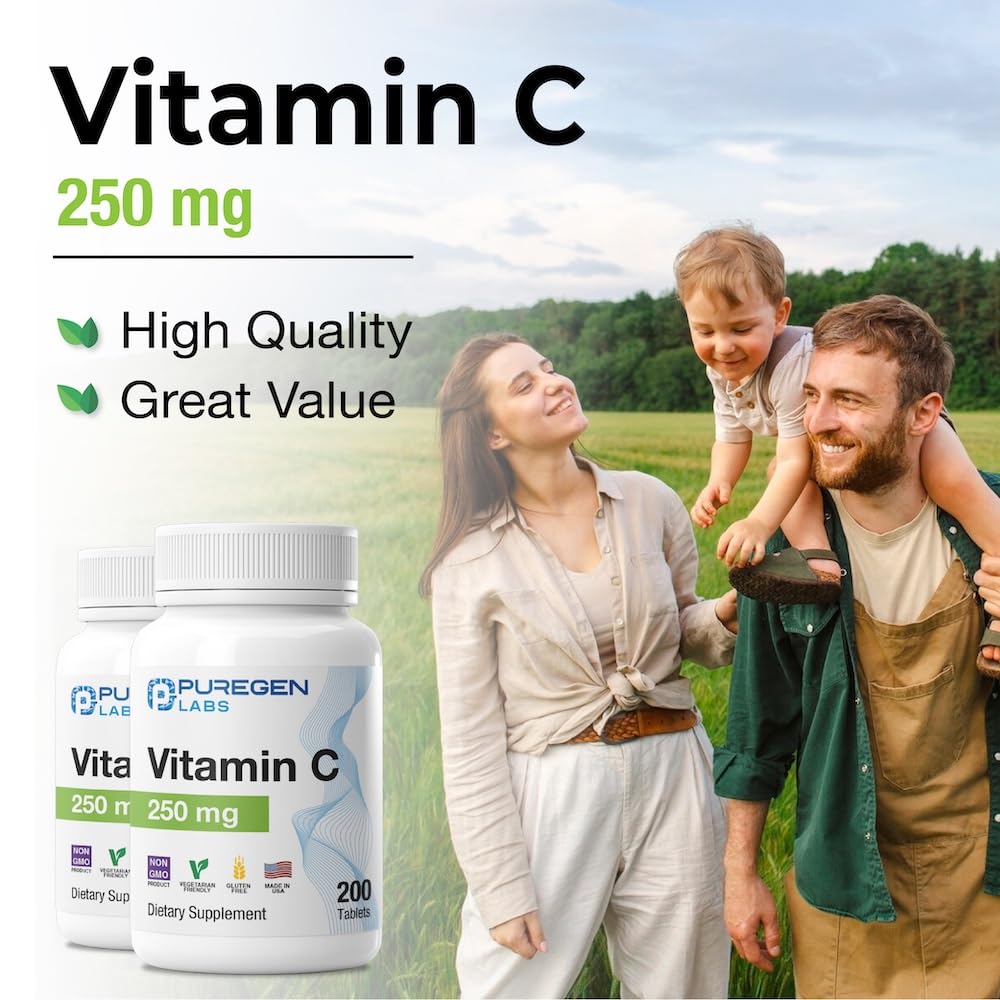 Puregen Labs Vitamin C 250mg packaging spotlight on USA-made GMP facility