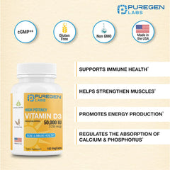 Puregen Labs Vitamin D3 bottle label shows gluten-free and non-GMO clarity