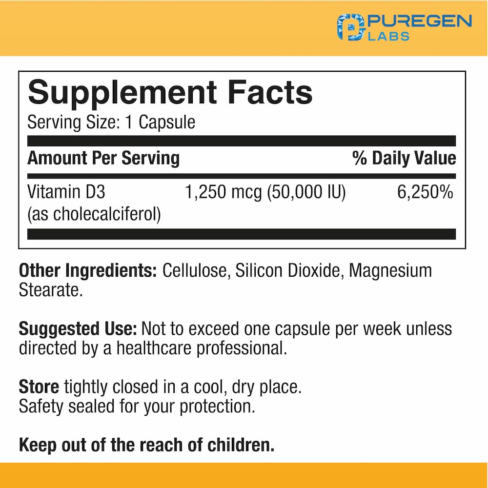 Close-up of Puregen Labs Vitamin D3 capsule small and easy to swallow
