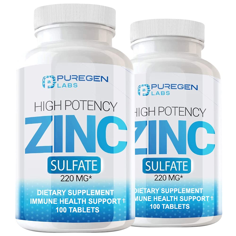 Puregen Labs Zinc Sulfate 220mg bottle front highlighting potency and quality