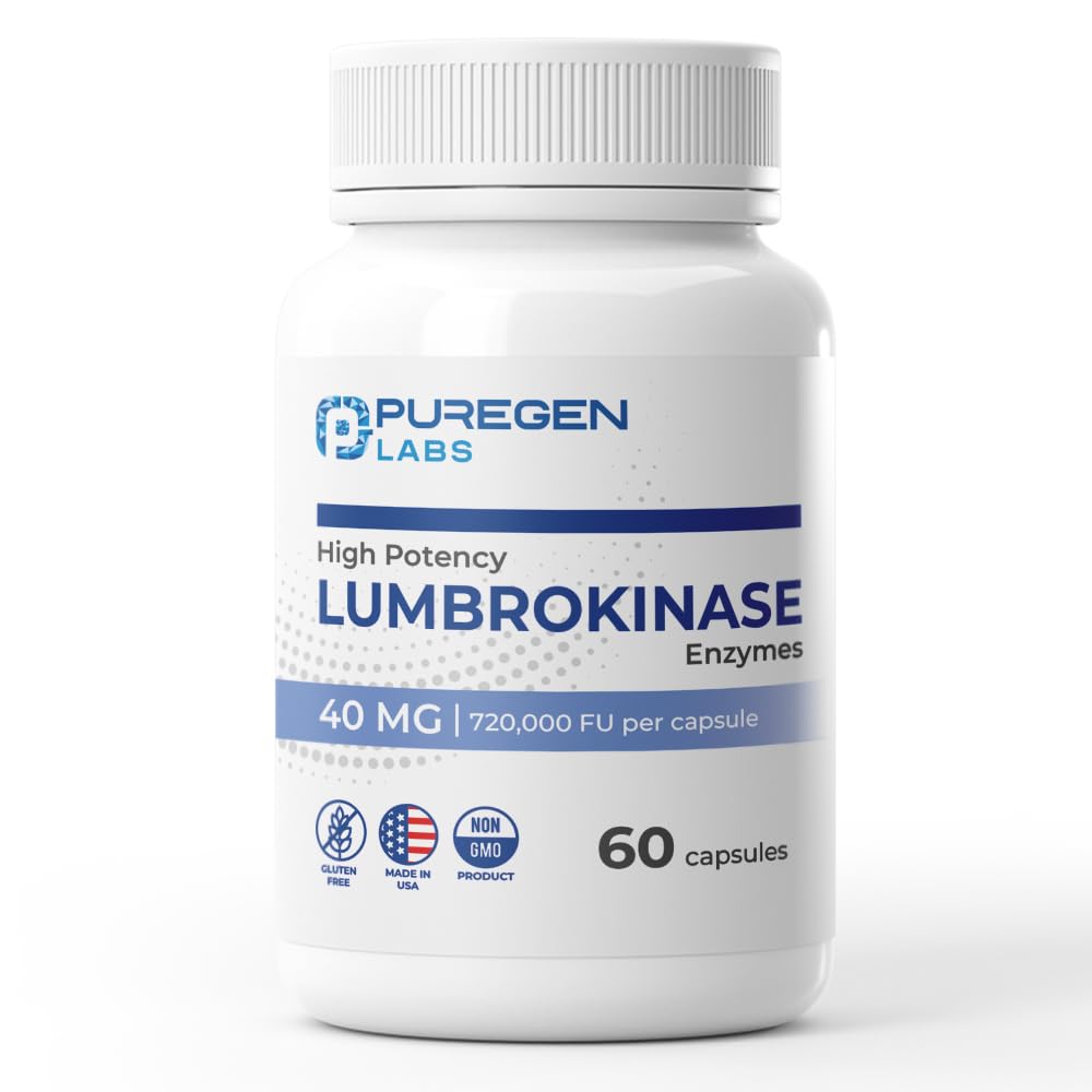Puregen Labs Lumbrokinase bottle shows 40 mg potency and gluten-free badge.