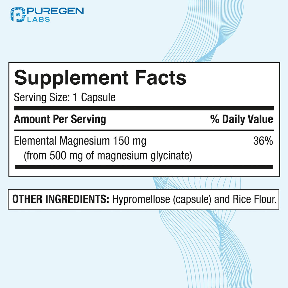 Puregen Magnesium Glycinate 500mg bottle shows high potency capsules for convenient use.