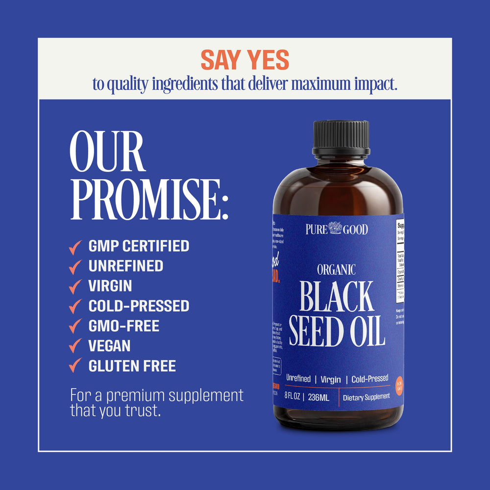 PureGood Black Seed Oil bottle on counter—ideal for routine use.