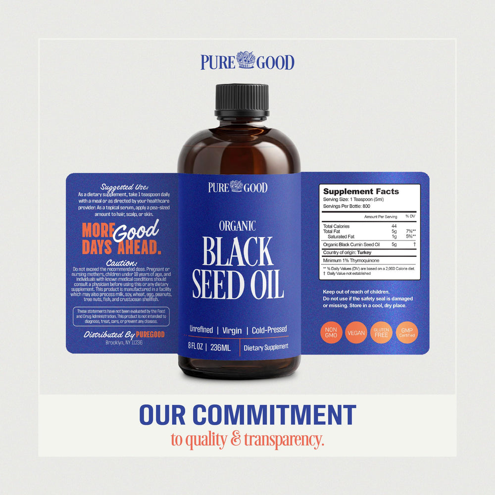 PureGood Black Seed Oil label closeup—high purity and organic ingredients.
