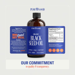 PureGood Black Seed Oil label closeup—high purity and organic ingredients.