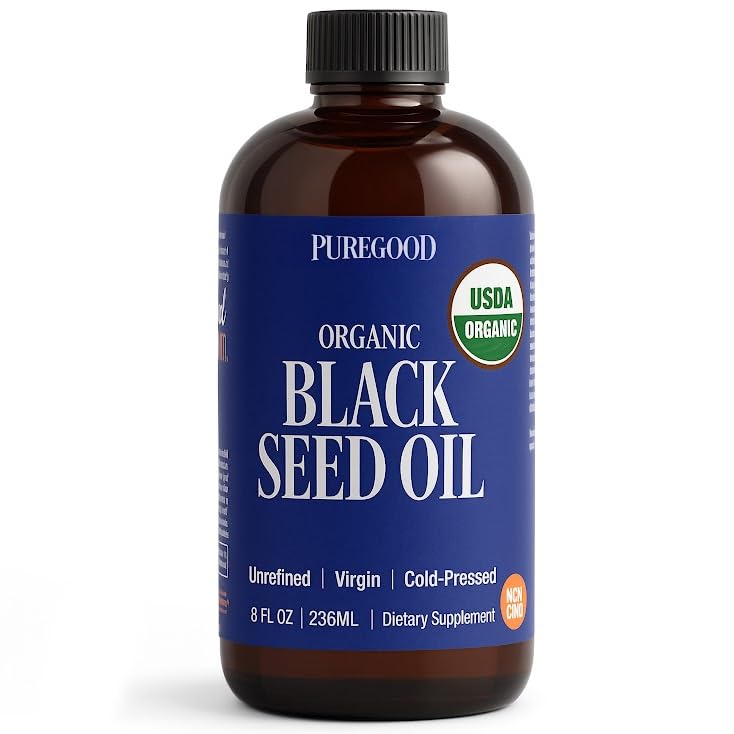 PureGood Organic Black Seed Oil bottle—emphasizing purity for hair and skin care.