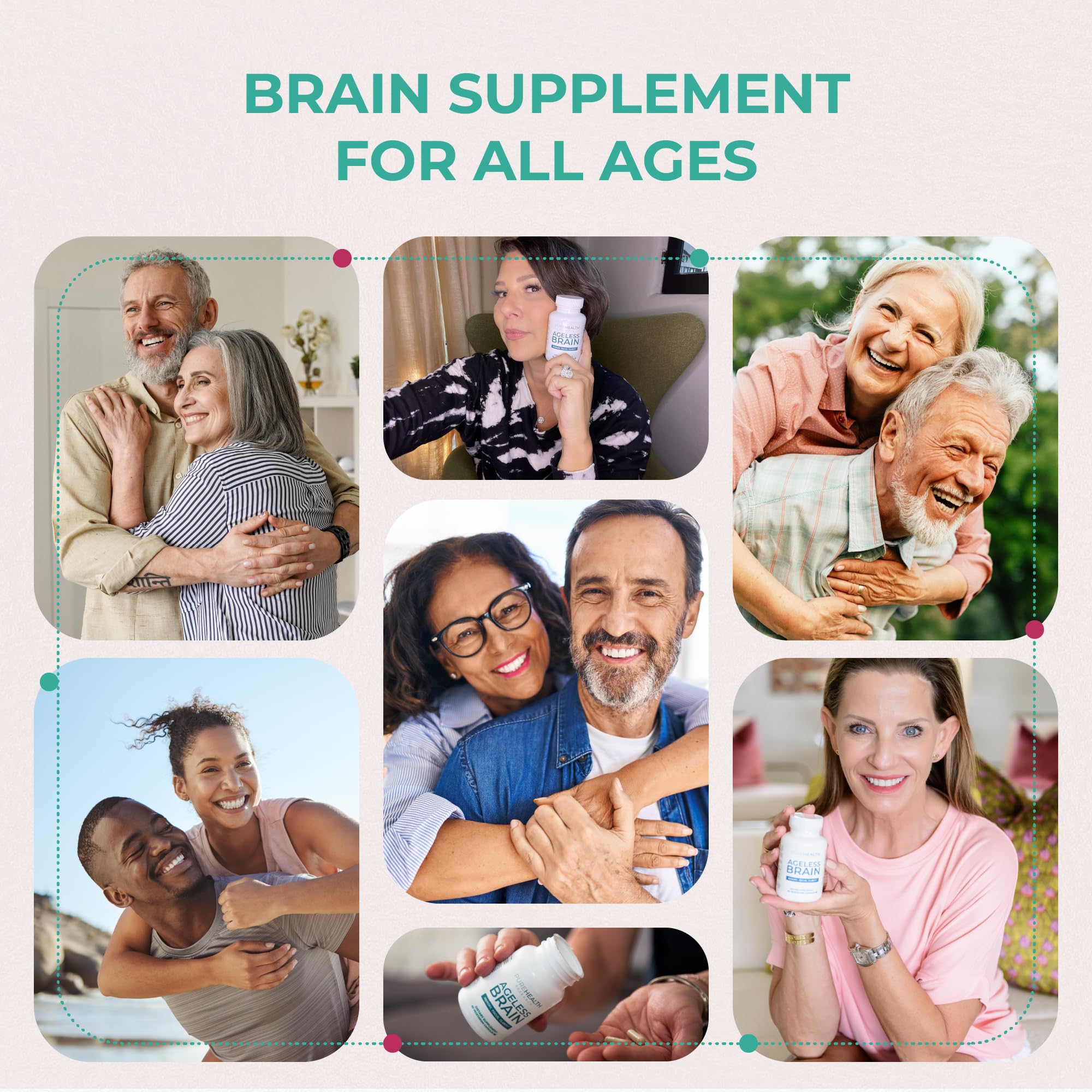 PUREHEALTH RESEARCH Ageless Brain bottle in hand for daily routine.
