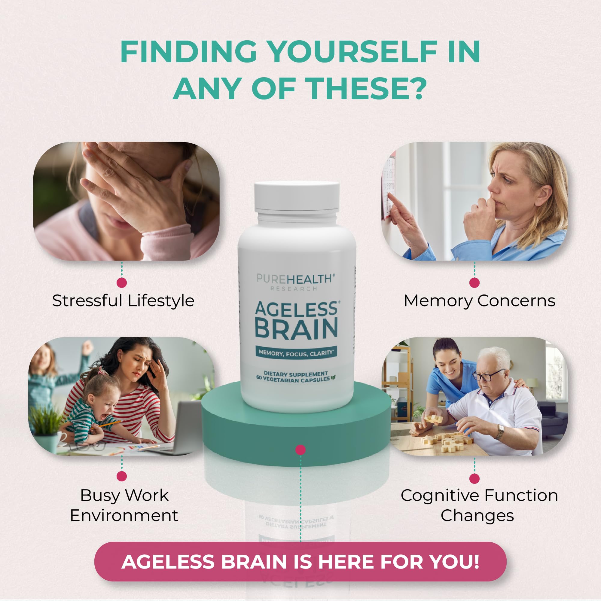PUREHEALTH RESEARCH Ageless Brain capsules aligned for daily use.