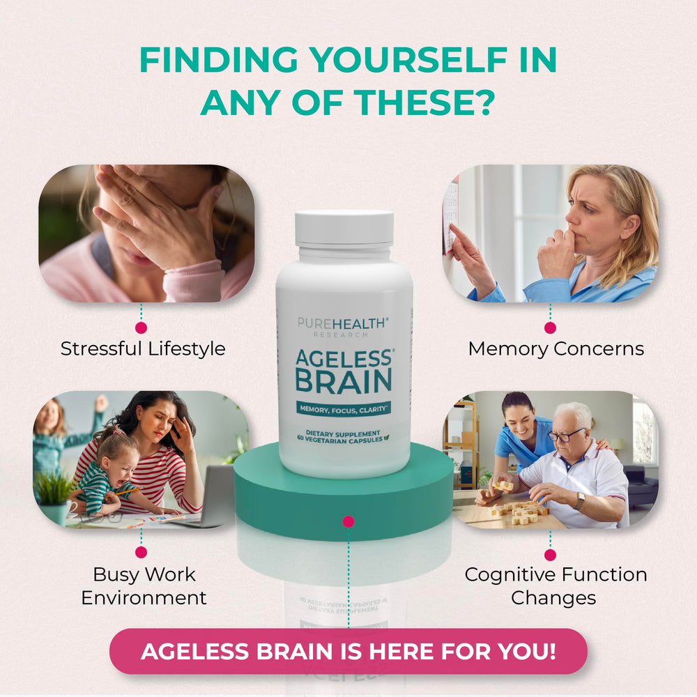 PUREHEALTH RESEARCH Ageless Brain capsules aligned for daily use.