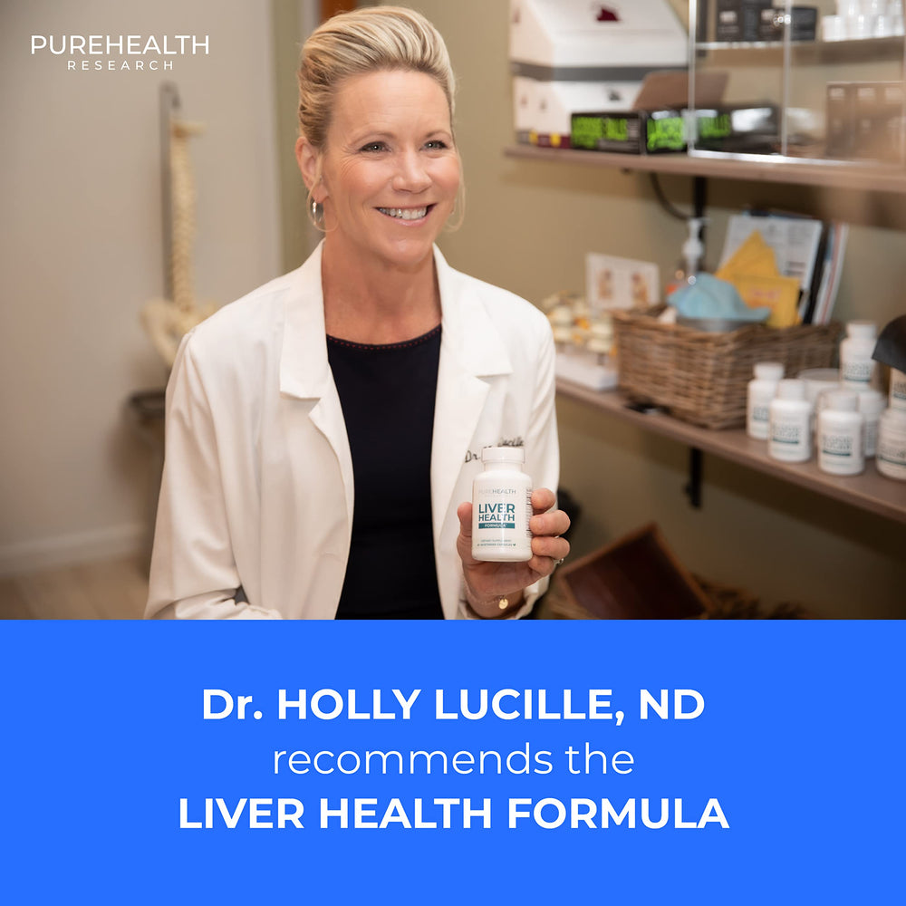 PureHealth Liver Health bottle on a kitchen counter for daily routine.