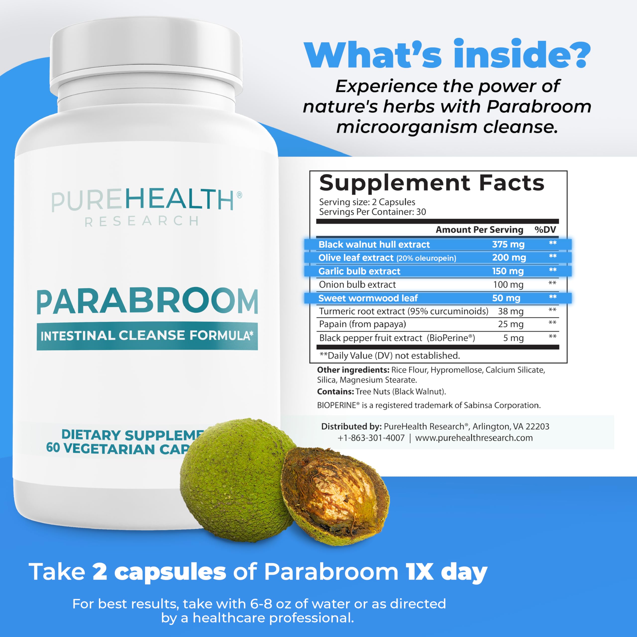 Parabroom blend with black walnut and wormwood shown on labels for gut balance