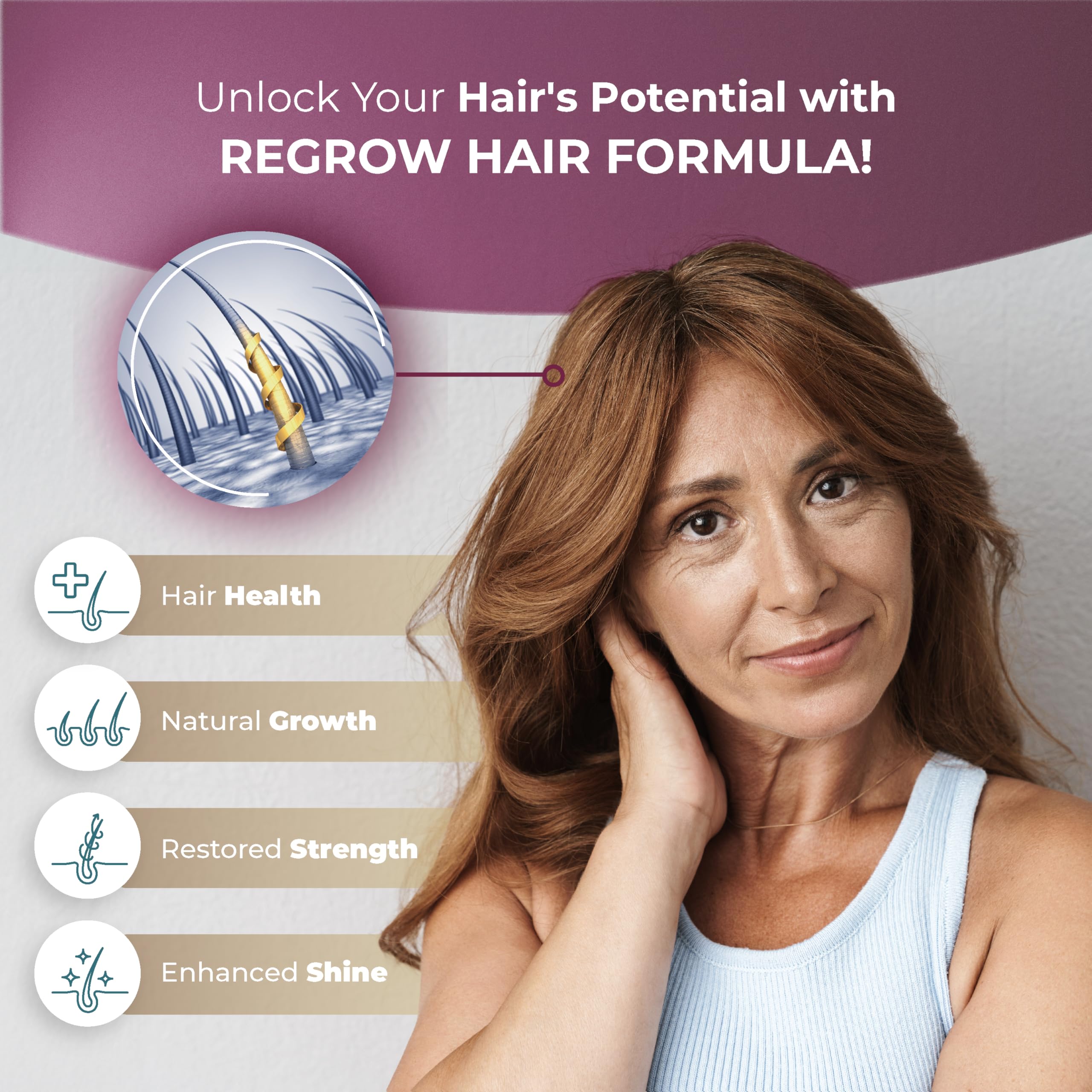 ReGrow supplement jar on a desk, convenient daily hair nutrition.