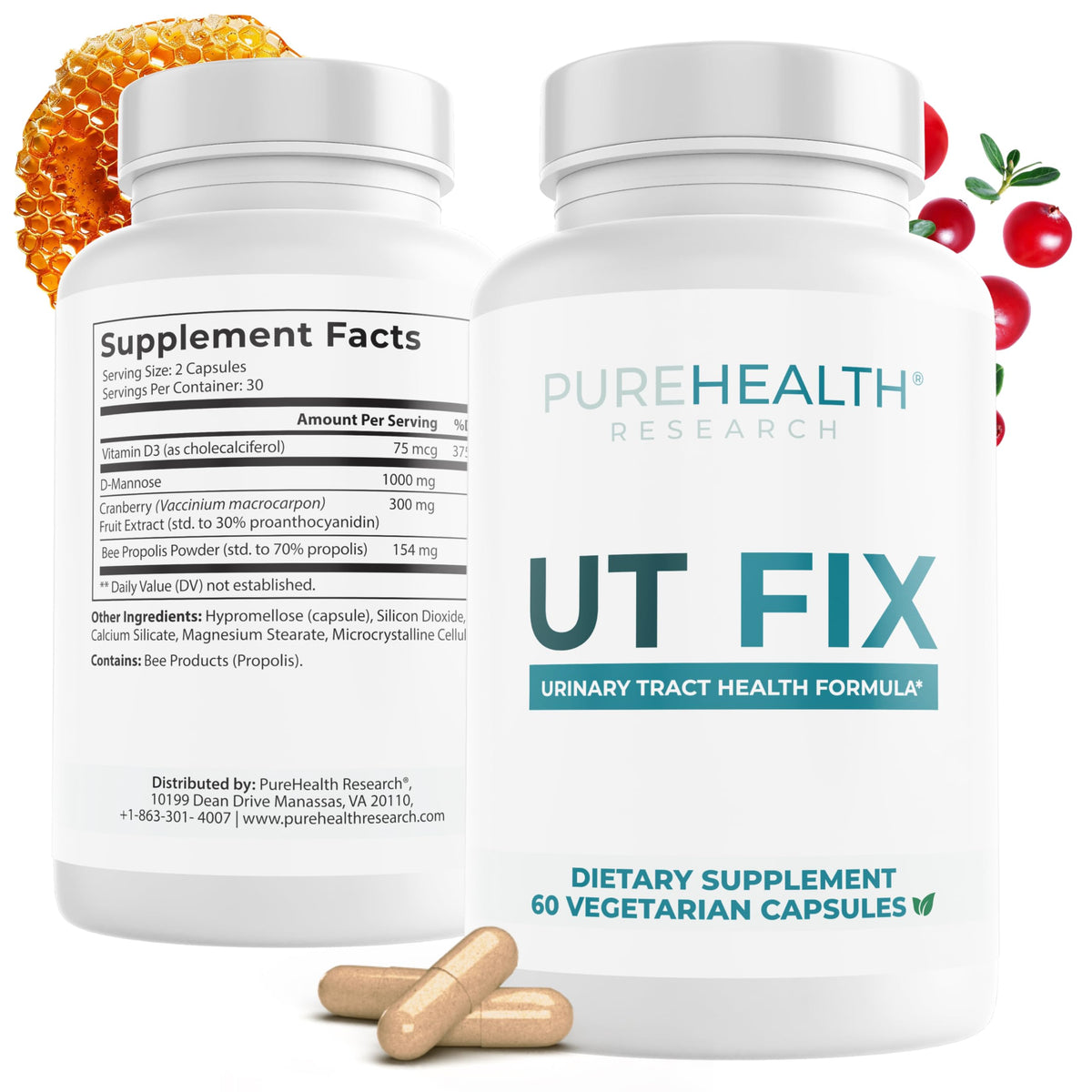 PUREHEALTH UT Fix bottle label highlights cranberry and D‑Mannose blend for urinary support.