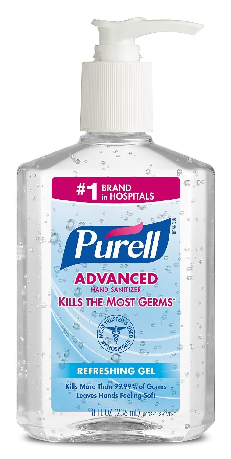 Purell Advanced Hand Sanitizer refreshing gel 8 oz bottle on desk for quick hygiene