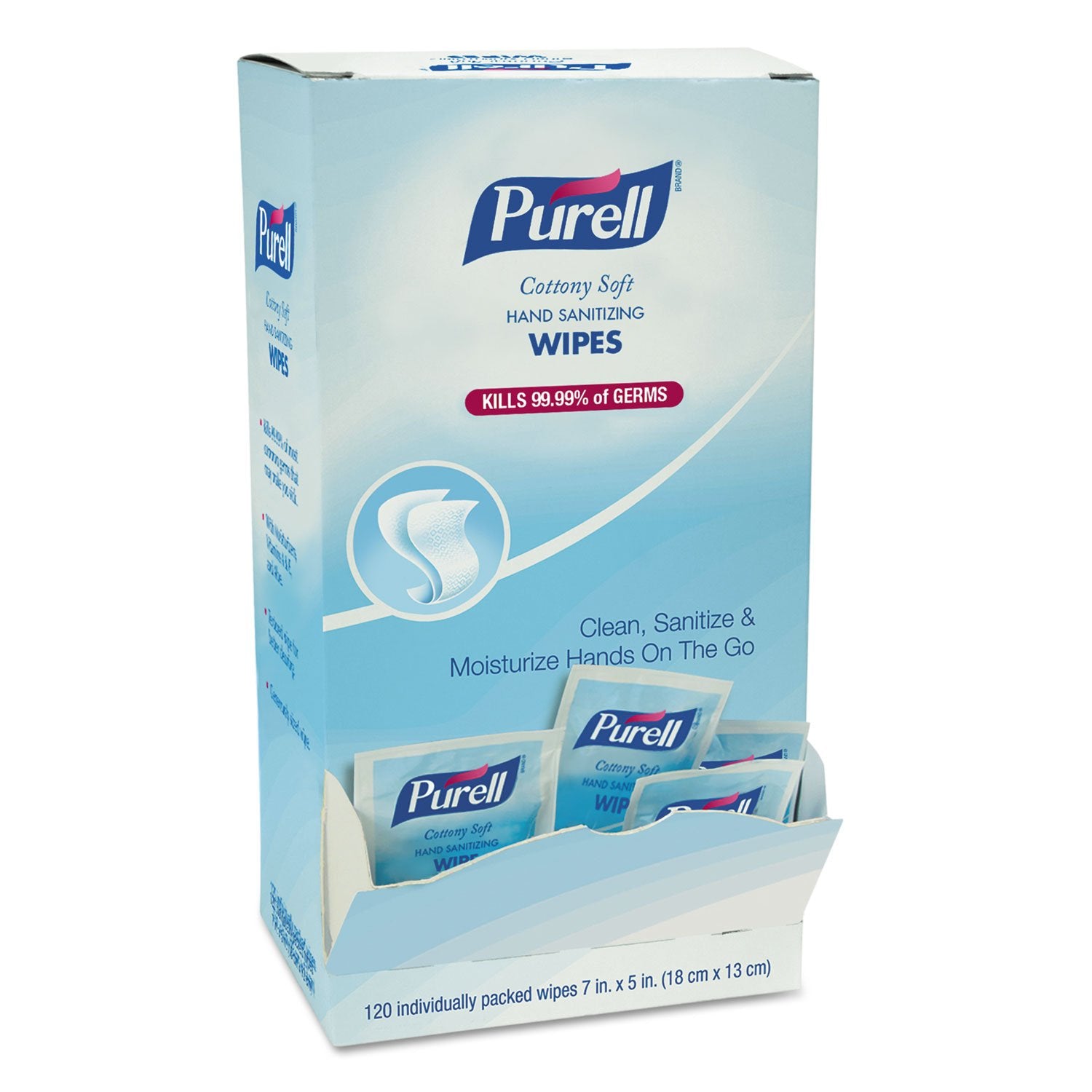 Purell Cottony Soft wipes, individually wrapped, ideal for on-the-go hand cleaning and moisturized skin.