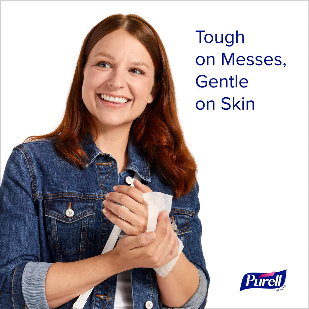 Purell fragrance-free wipes with soft texture gentle on skin during frequent use.
