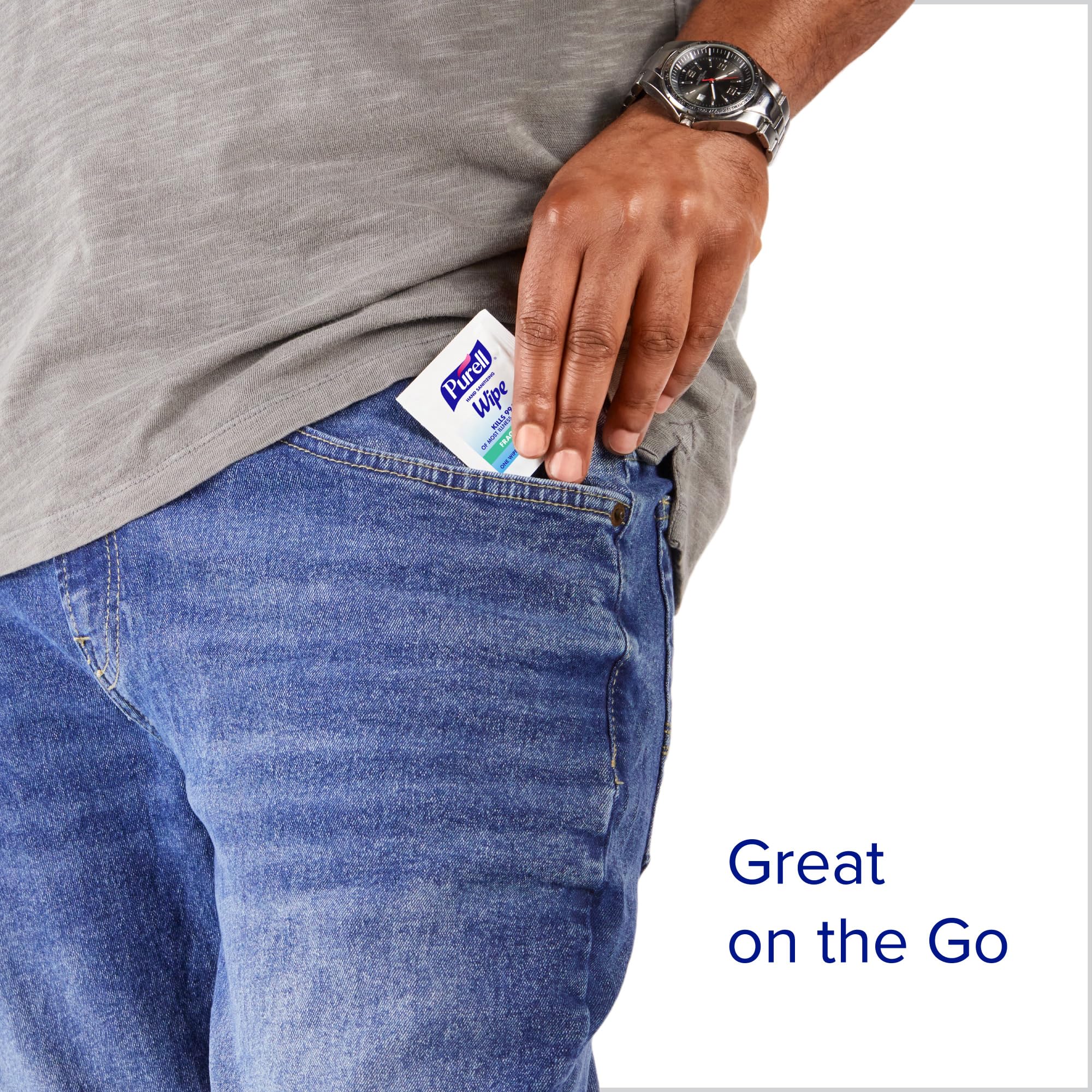 Portable Purell wipes packaging for quick access anywhere.