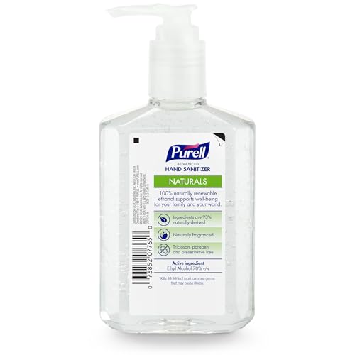 Purell Naturals label close-up shows plant-based ethanol and skin-conditioning formula.