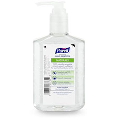 Purell Naturals label close-up shows plant-based ethanol and skin-conditioning formula.