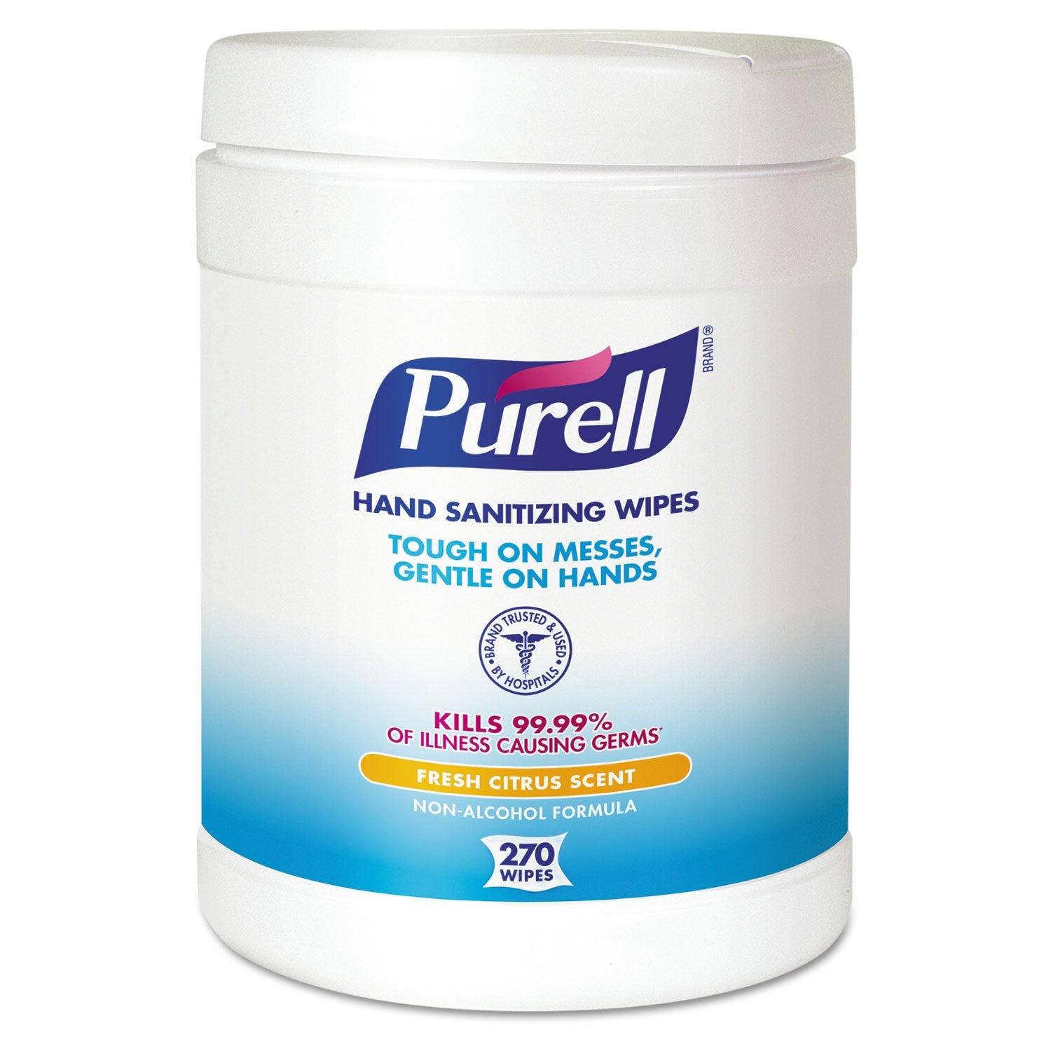 Purell sanitizing hand wipes canister front view for quick hand hygiene on the go.