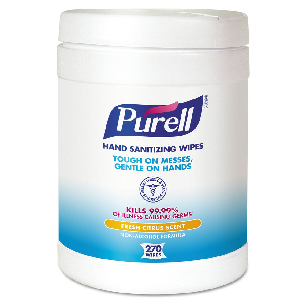Purell sanitizing hand wipes canister front view for quick hand hygiene on the go.