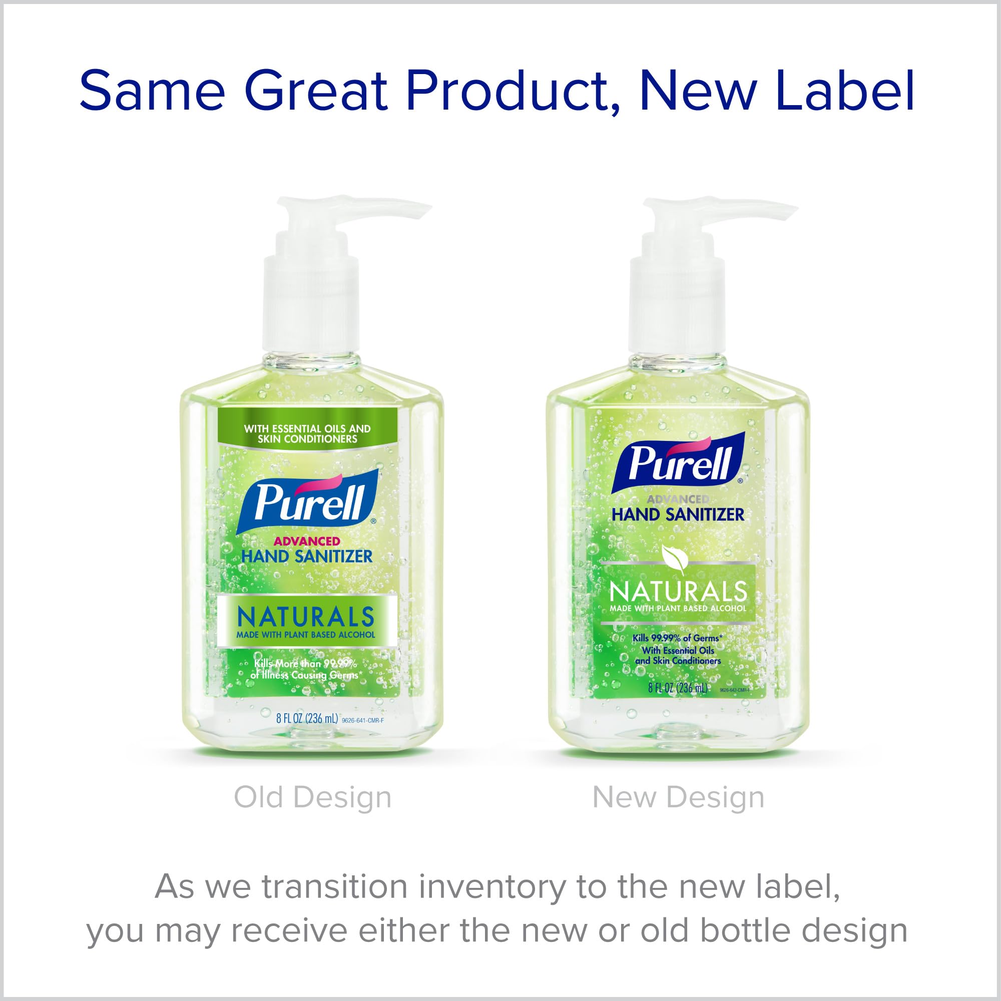 Purell naturals bottle with skin-conditioning blend near label.