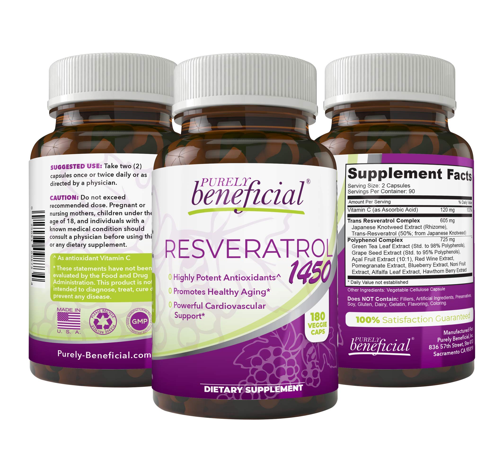 PURELY beneficial RESVERATROL1450 bottle highlighting antioxidant-rich formula for daily support